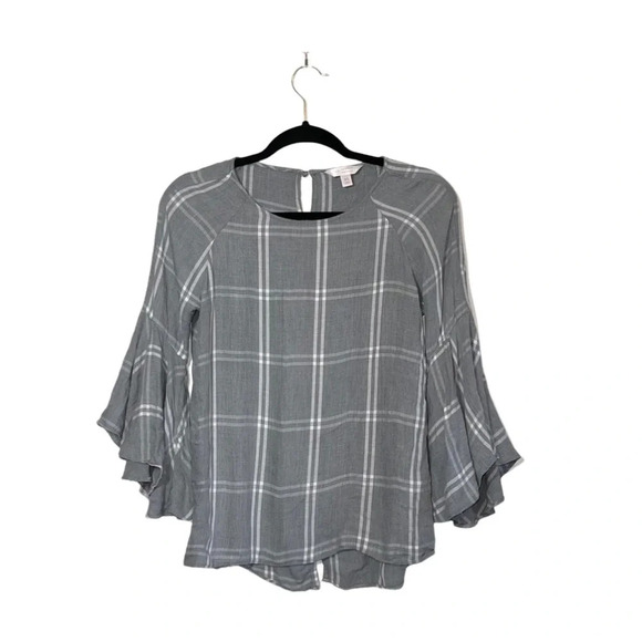 LC Lauren Conrad Gray & White Plaid Print Bell Split Back Top Xsmall Women’s - Picture 14 of 14